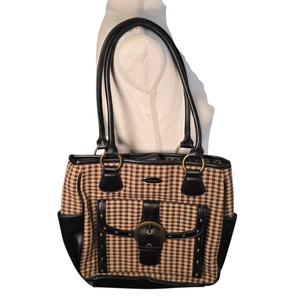 Vintage Longaberger Houndstooth Tote Brown Black Leather Trim